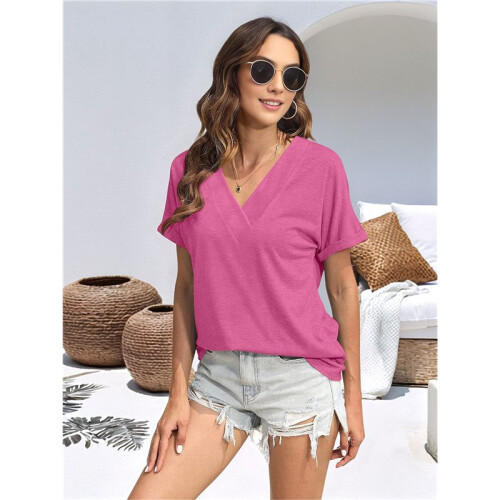 Womens  Size Loose Fit V Neck Solid Color Short Sleeve Tshirt Casual Basic Top Oversized Rose Red S 1