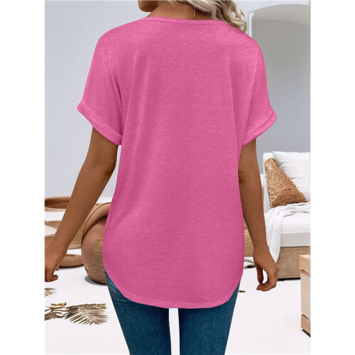 Womens  Size Loose Fit V Neck Solid Color Short Sleeve Tshirt Casual Basic Top Oversized Rose Red M 2