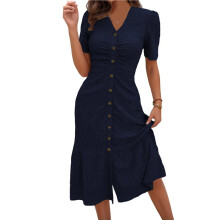 Womens V Neck Short Sleeve Solid Color Casual Dress Summer Chic Midi Dress Navy XL