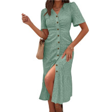 Womens V Neck Short Sleeve Solid Color Casual Dress Summer Chic Midi Dress Light Green XXL