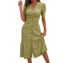 Womens V Neck Short Sleeve Solid Color Casual Dress Summer Chic Midi Dress Matcha Green XXL