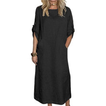 Womens Loose Fit Casual Solid Color Short Sleeve Linen Blend Midi Dress Summer Black XXL