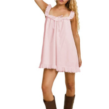 Women Lace Trim Camis Dress Spaghetti Strap Square Neck Short Dress Backless Babydoll Dresses M