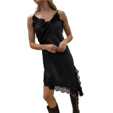 Women Stain Lace Camis Dress Y2K Silk Lace Trim Asymmetrical Side Slit High Low Slip Dress Streetwear Black L