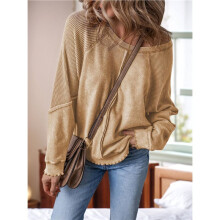 Dames Sweatshirt Oversized Casual Ronde Hals Lange Mouwen Pullover Off-Shoulder Wafelgebreide Top Kameelkleur S