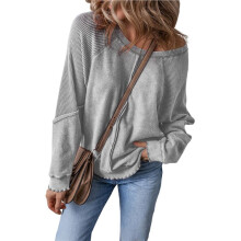 Womens Sweatshirt Oversized Casual Crewneck Long Sleeve Pullover Off the Shoulder Waffle Knit Tops Light Gray XXL