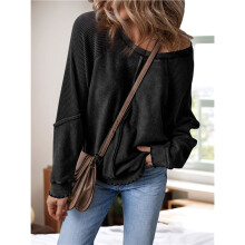 Womens Sweatshirt Oversized Casual Crewneck Long Sleeve Pullover Off the Shoulder Waffle Knit Tops Black XXL