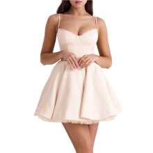 Women Satin Short Corset Dress Sleeveless Sweetheart Neckline Ruffle Party Dress Summer with Pockets Milky White L