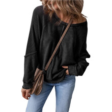 Womens Sweatshirt Oversized Casual Crewneck Long Sleeve Pullover Off the Shoulder Waffle Knit Tops Black M