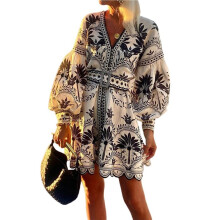 Women Puff Sleeve Deep V Neck Printed Bodycon Nightclub Party Belted Dress Black L