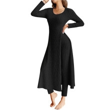 Elegantes Conjuntos de Punto de Dos Piezas para Mujer: Otoño, Moda Informal, Manga Larga, Cuello Redondo, Punto Acanalado Suave Negro XL