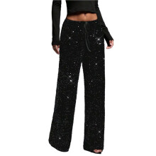 Women'S Glitter Sequin Long Loose Pants Bling Party Clubwear Elastic Casual Pants Black M