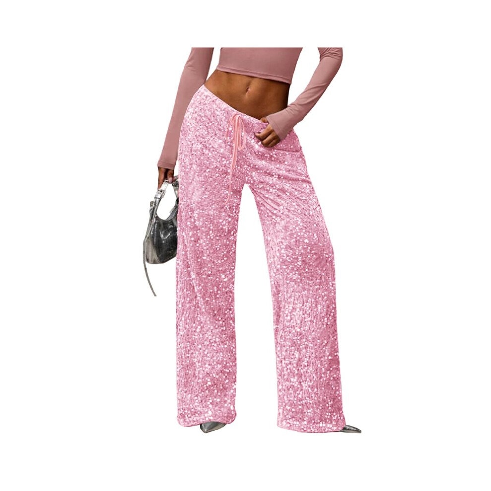 Pantaloni Lunghi E Larghi Con Paillettes Glitterate Da Donna, Elastici, Casual, Da Festa E Da Discoteca Rosa L-image