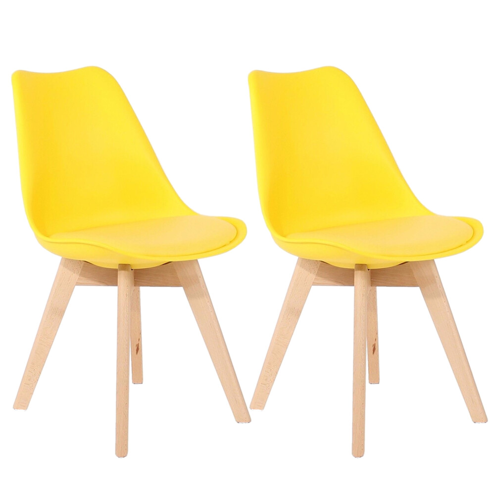 (Yellow) 2 x Charles Jacobs Dining Chairs Beech Wood Legs Tulip Design Furniture Set