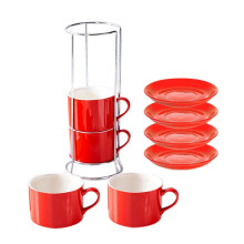 Tazas de Capuchino Apilables de Porcelana con Platillos y Soporte de Metal, Tazas de Espresso para Café con Leche, Café de Especialidad A