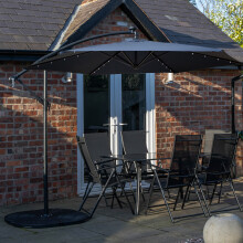 Outdoor 6 Person Rectangular Glass Top Garden Dining Table Chairs With Black Banana Lit Parasol and Base Set