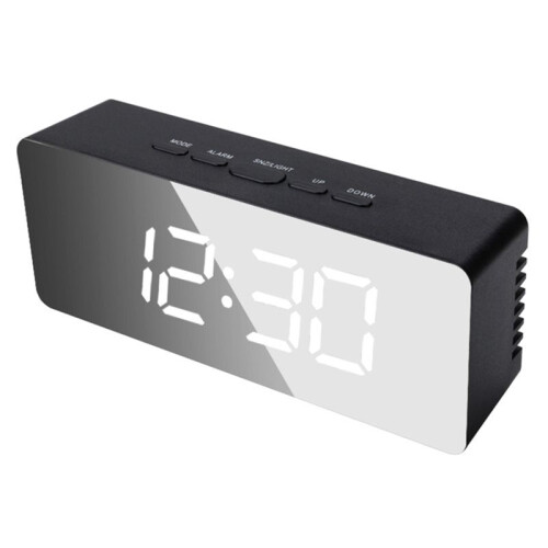 LED Mirror Digital Clock Bedroom Office Travel Electronic Table Clock Desktop Alarm Clock Temperature Function, Black