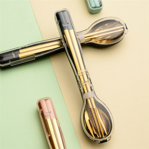3pcs Stainless Steel Dinnerware Set Flatware Camping Travel Sets Chopsticks Fork Spoon Cutlery Case Tableware 1