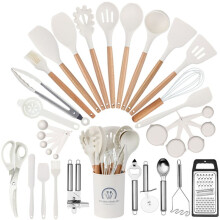 Chef Silicone Kitchen Utensil Set, 34 Piece Heat Resistant Kitchen Gadgets and Tools with Grater Creamy White