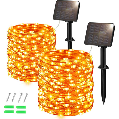 2x Outdoor Solar 120 LED Copper Lights Orange