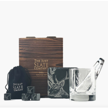 Stunning Wooden Boxed Woodland Stag Drink Set - Coaster, Glass, Tongs, Ice Stone