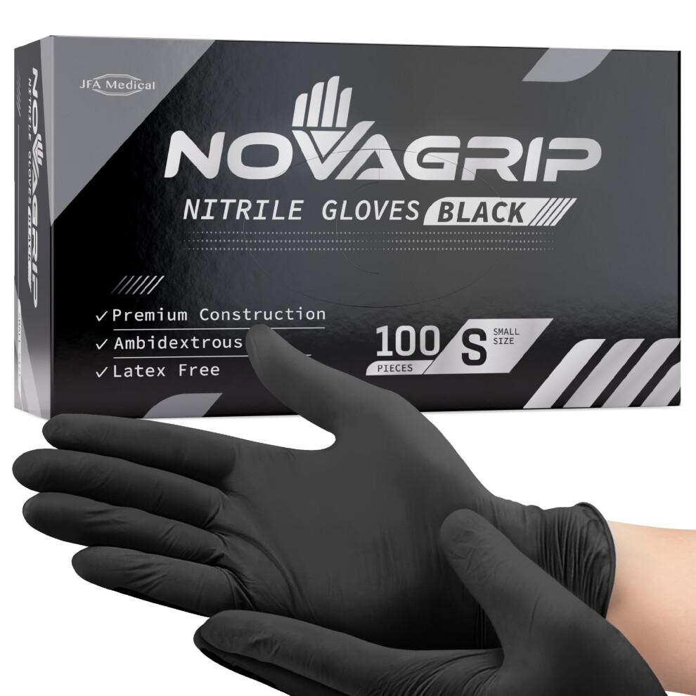 Novagrip Jfa Medical Disposable Mechanic, Powder Free Latex Free Black Nitrile Gloves - Box Of 100 (Small) 5051226611025