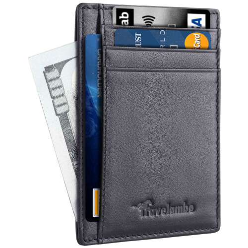 Travelambo Front Pocket Minimalist Leather Slim Wallet RFID Blocking Medium Size, Black Matte, One Size, Minimalist