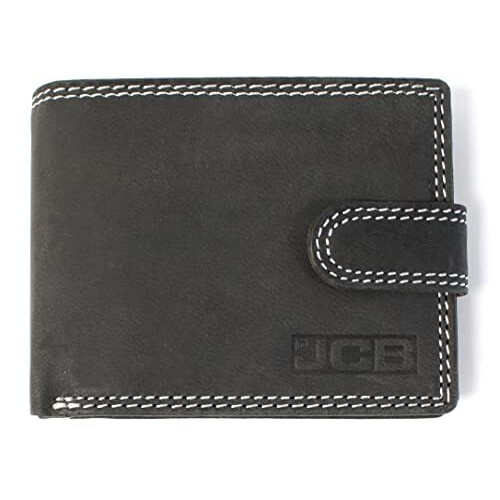 JCB JCB - Mens Genuine Leather Wallets | Tri Fold Button Close Wallet RFID Protected (Black Box, Black)