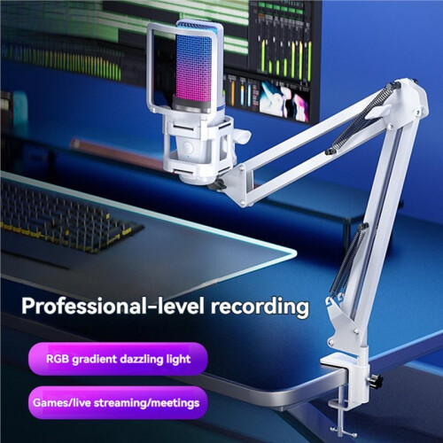 USB Gaming Microphone with Articulated Arm,White Computer Condenser Mic for PC Recording Podcasting Streaming B 1