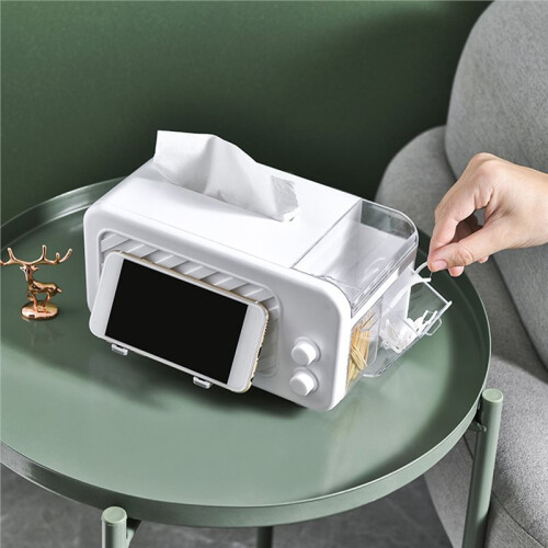 Multifunctional Tissue Box with Phone Holder & Side Storage Side Drawer for Toothpicks/Wires,Smooth Pull for Home&Office 1