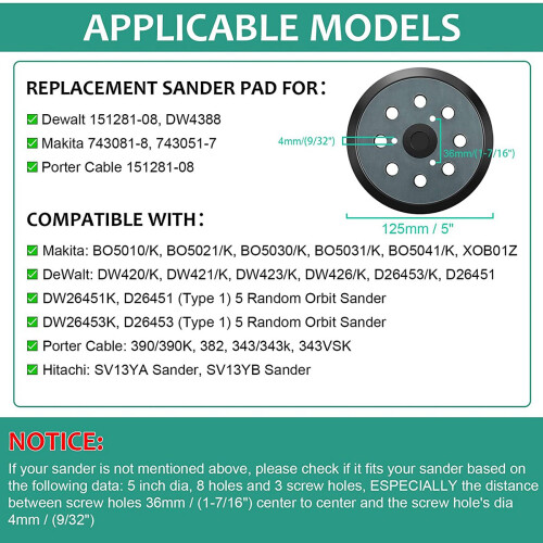 2Pcs Replacement Sander Base Pads Round Hook and Loop Backing Pad Orbital Sander Replacement Pad 125mm 8 Hole 2