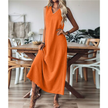 Summer Dresses for Women Cotton Linen Maxi Dress Casual Sleeveless Solid Long Sundress Orange S