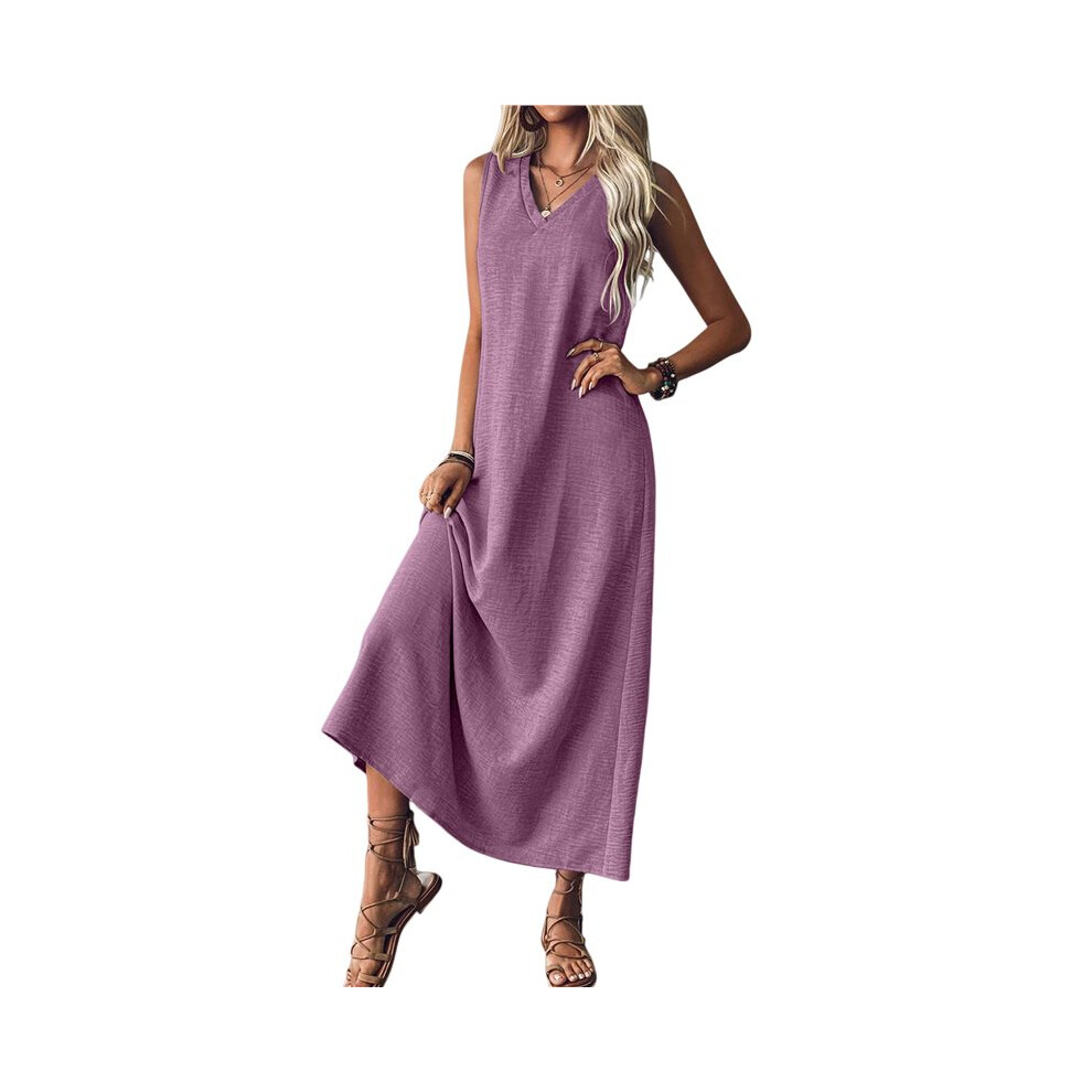 Abiti Estivi Da Donna In Cotone E Lino, Maxi Abito Casual Senza Maniche, Tinta Unita, Lungo Prendisole Viola Chiaro Xxl