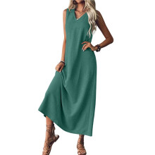 Summer Dresses for Women Cotton Linen Maxi Dress Casual Sleeveless Solid Long Sundress Lake Green L