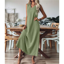 Summer Dresses for Women Cotton Linen Maxi Dress Casual Sleeveless Solid Long Sundress Green S
