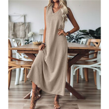 Summer Dresses for Women Cotton Linen Maxi Dress Casual Sleeveless Solid Long Sundress Beige XL