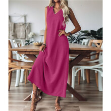 Summer Dresses for Women Cotton Linen Maxi Dress Casual Sleeveless Solid Long Sundress Rose Red L
