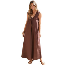 Women'S Sleeveless Maxi Dress Scoop Neck Ruched Long Dress Wide Shoulder Elegant Blouse Dresses Brown XL