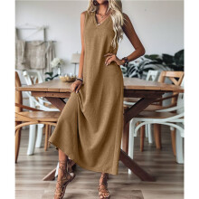 Summer Dresses for Women Cotton Linen Maxi Dress Casual Sleeveless Solid Long Sundress Light Brown L
