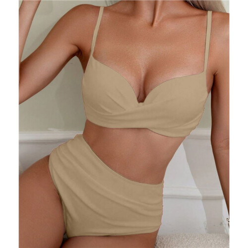 Women'S 2 Piece Bikini Set Spaghetti Strap High Cut Push  Underwire Swimsuit Khaki L 2
