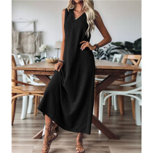 Sommerkleider für Damen: Maxikleid Aus Baumwollleinen, Lässiges, Ärmelloses, Einfarbiges, Langes Sommerkleid Schwarz XL