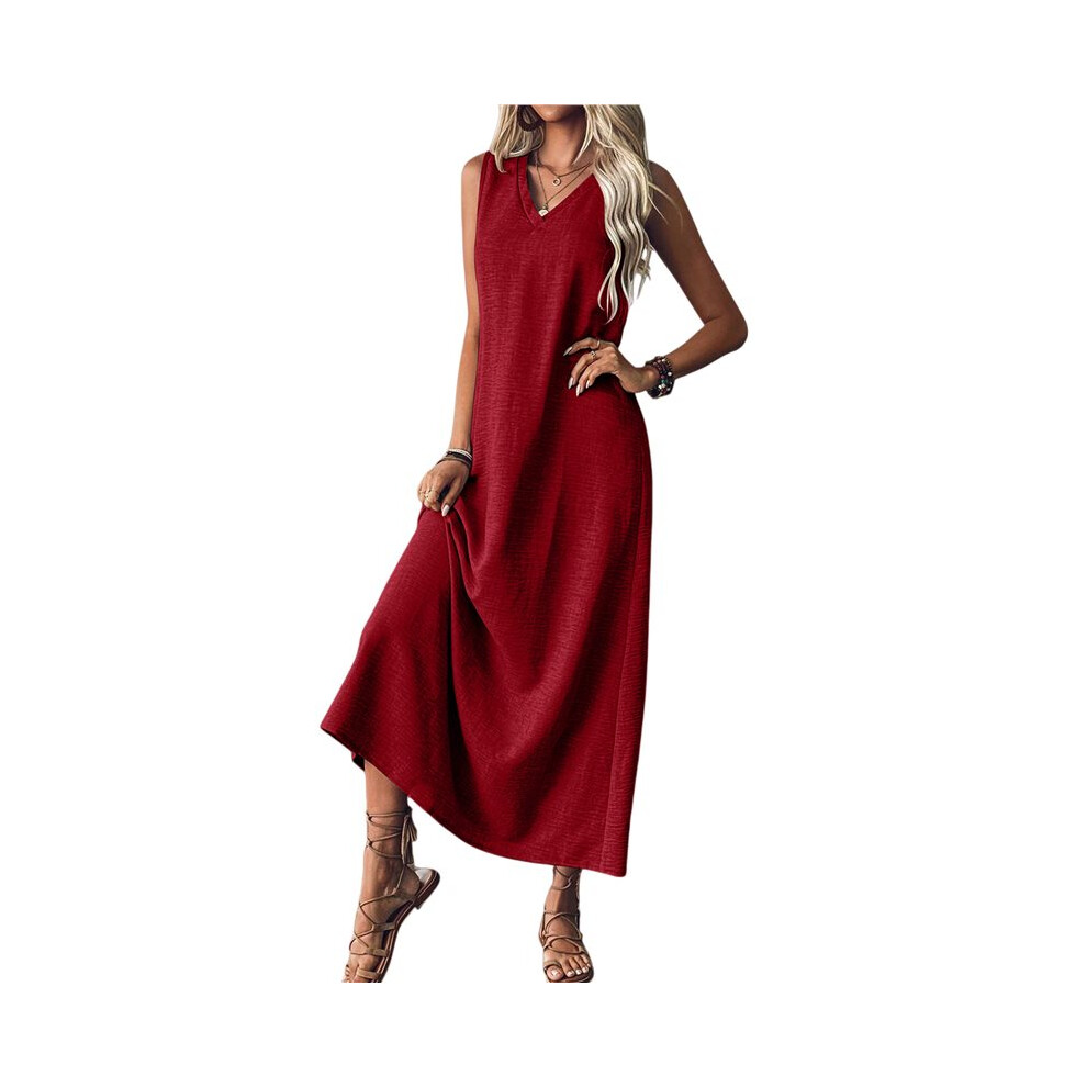 Abiti Estivi Da Donna In Cotone E Lino, Maxi Abito Casual Senza Maniche, Tinta Unita, Lungo Prendisole Vino Rosso M
