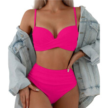 Women'S 2 Piece Bikini Set Spaghetti Strap High Cut Push Underwire Swimsuit Rose Red S