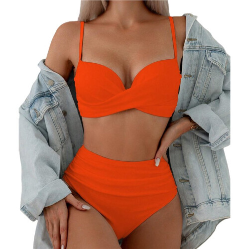 Women'S 2 Piece Bikini Set Spaghetti Strap High Cut Push  Underwire Swimsuit Orange L