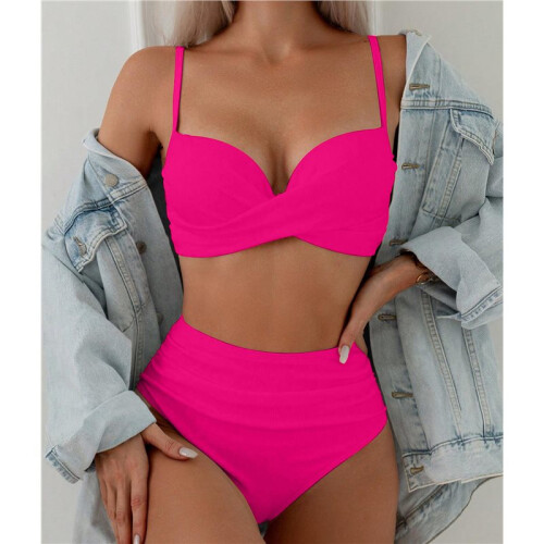 Women'S 2 Piece Bikini Set Spaghetti Strap High Cut Push  Underwire Swimsuit Rose Red L 1