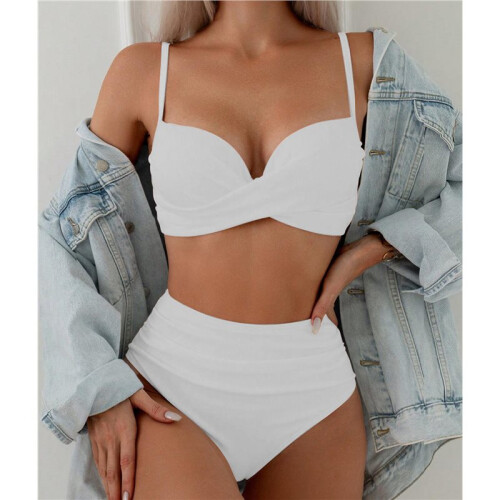 Women'S 2 Piece Bikini Set Spaghetti Strap High Cut Push  Underwire Swimsuit White S 1