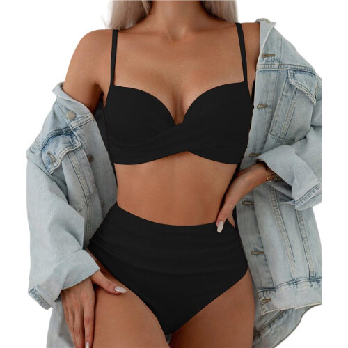 Women'S 2 Piece Bikini Set Spaghetti Strap High Cut Push  Underwire Swimsuit Black L