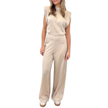 Satin Wide Leg Jumpsuits for Women - Elegant Mock Neck Sleeveless Cocktail Party Romper Beige S
