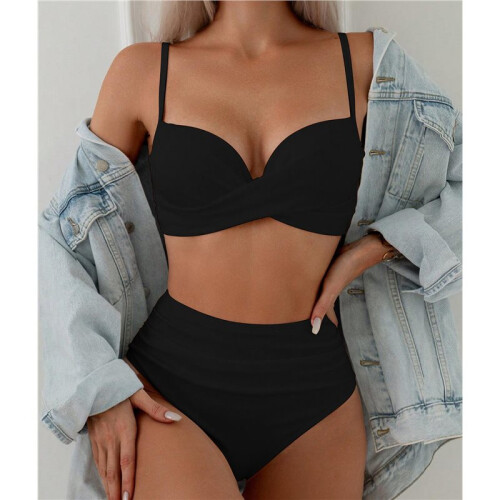 Women'S 2 Piece Bikini Set Spaghetti Strap High Cut Push  Underwire Swimsuit Black M 1