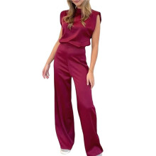 Satin Wide Leg Jumpsuits for Women - Elegant Mock Neck Sleeveless Cocktail Party Romper Wine Red M